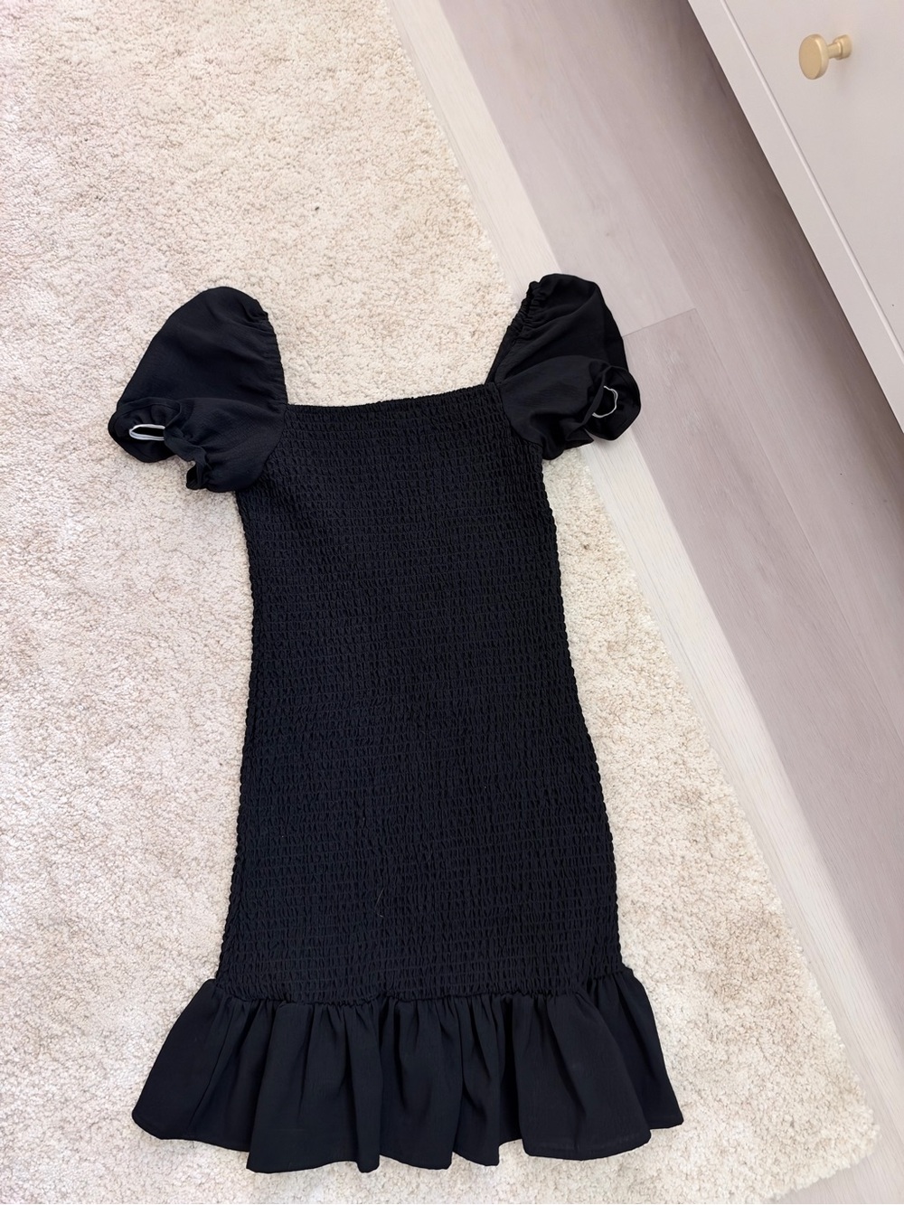 Black Smocked Puff Sleeve Ruffle Hem Dress